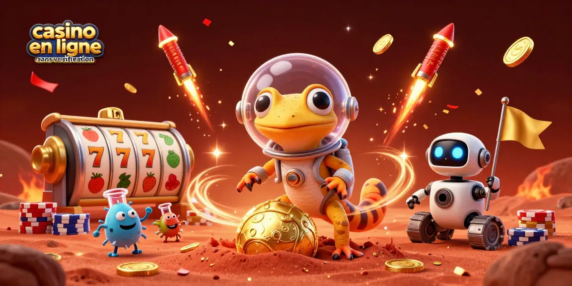 Gagnez avec le casino en ligne sans verification grâce à un gecko martien découvrant un casino doré sur Mars.