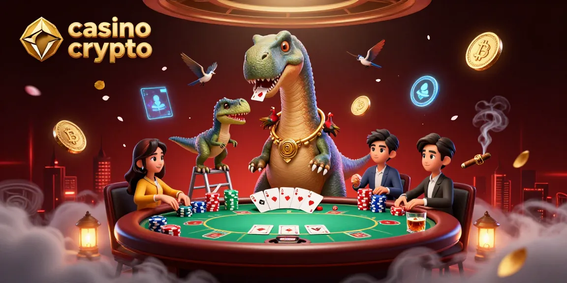Illustrer un casino crypto avec un brontosaurus amusant surveillant une table de poker.