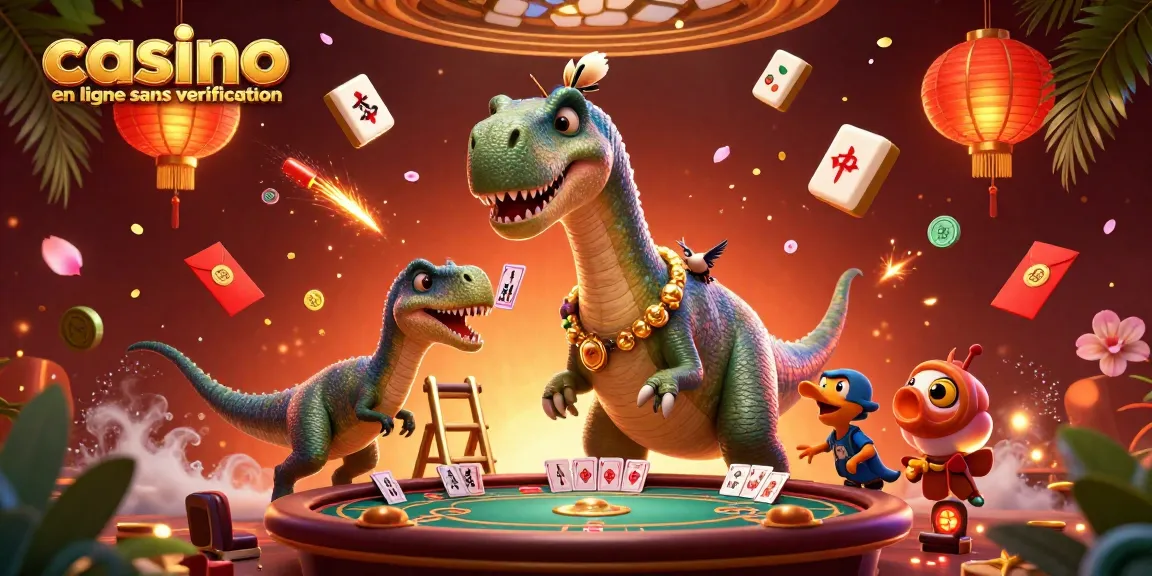 Jouez au casino en ligne sans vérification avec une illustration animée de dinosaures et des éléments de jeu captivants.