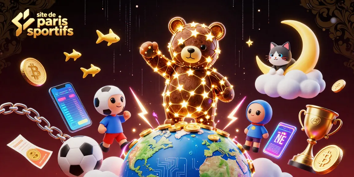 Pariez sur le site de paris sportifs avec un ours étoilé, des éléments de stade et des pièces de cryptomonnaie.