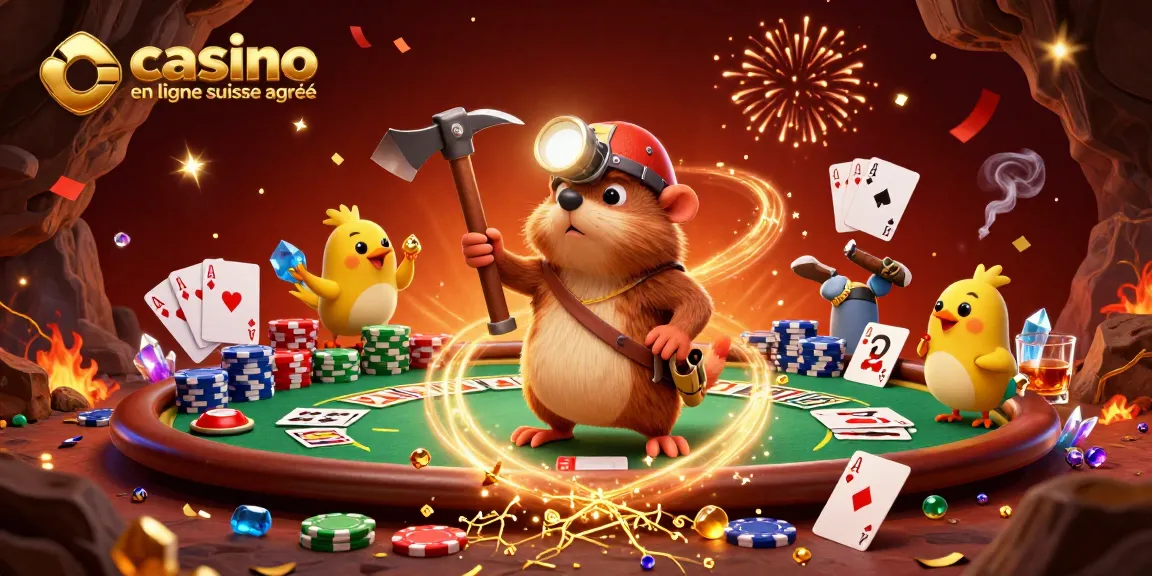 Profitez d'une scène de jeu dynamique avec le casino en ligne suisse agréé et un chasseur de trésors dans une caverne.