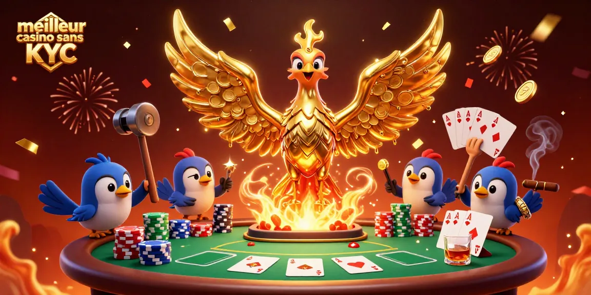 Visuel captivant du meilleur casino sans KYC, mettant en avant des éléments de poker et un phoenix doré.