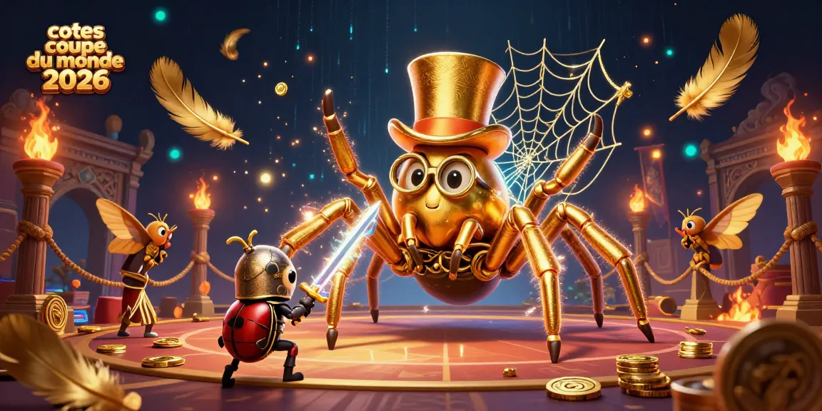 Cotes coupe du monde 2026 : Tarentule dorée aux paris et chevalier insecte se préparant pour la compétition.