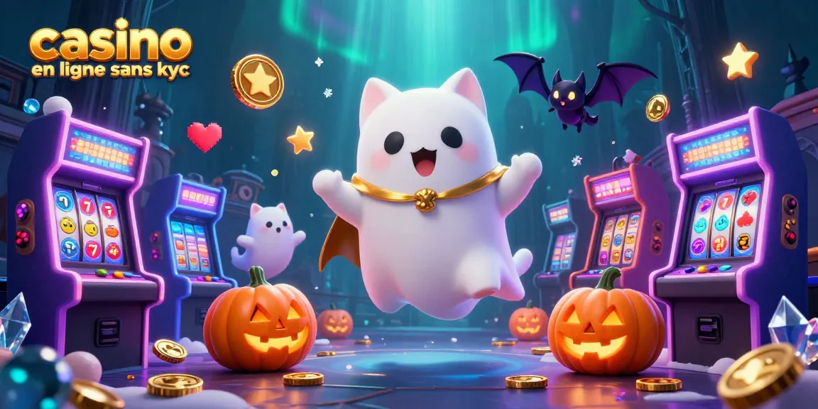 Plongez dans l'expérience du casino en ligne sans KYC avec un chat fantôme et des éléments de jeu colorés dans une scène dynamique.