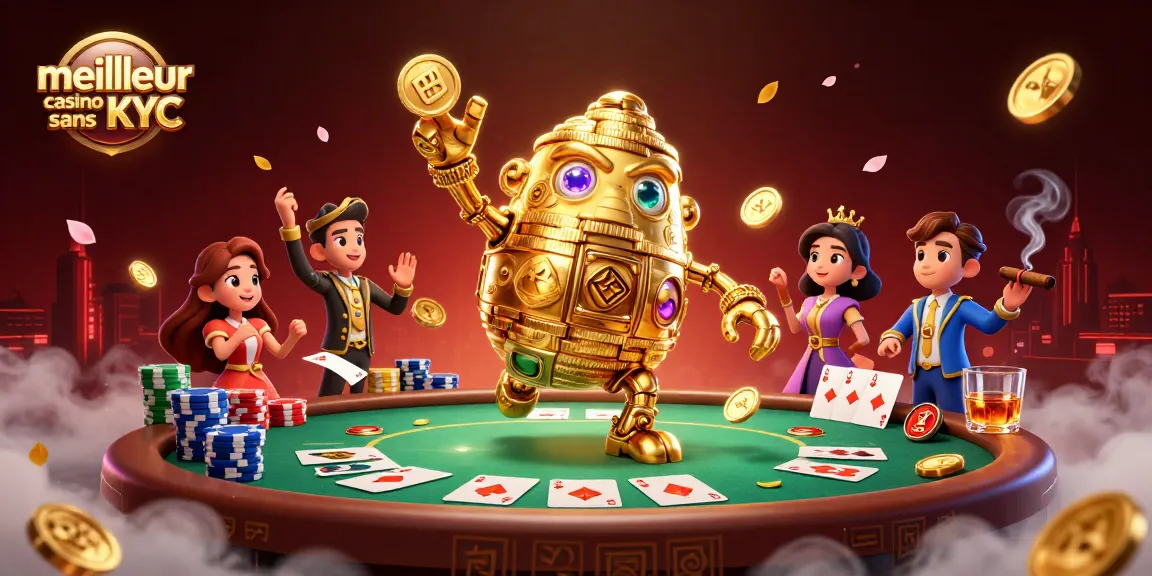 Découvrez le meilleur casino sans KYC avec un incroyable golem doré, des jetons de poker et des lumières mystiques.