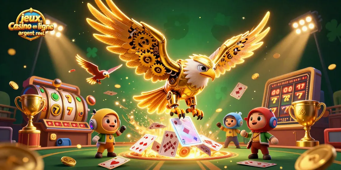 Illustration dynamique pour les jeux de casino en ligne argent réel, mettant en valeur des machines à sous et des cartes
