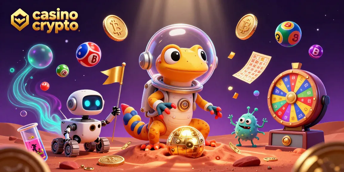Plongez dans le monde du casino crypto avec un gecko martien et des pièces de monnaie flottantes.