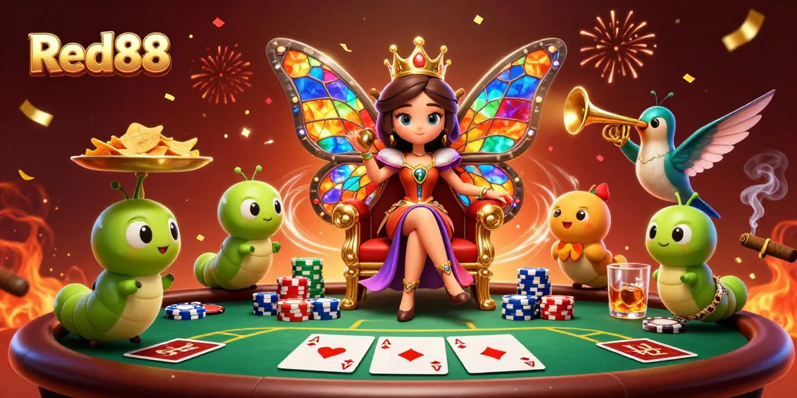 Experience the dynamic world of Red88 with the butterfly queen and poker elements in this vibrant casino scene.