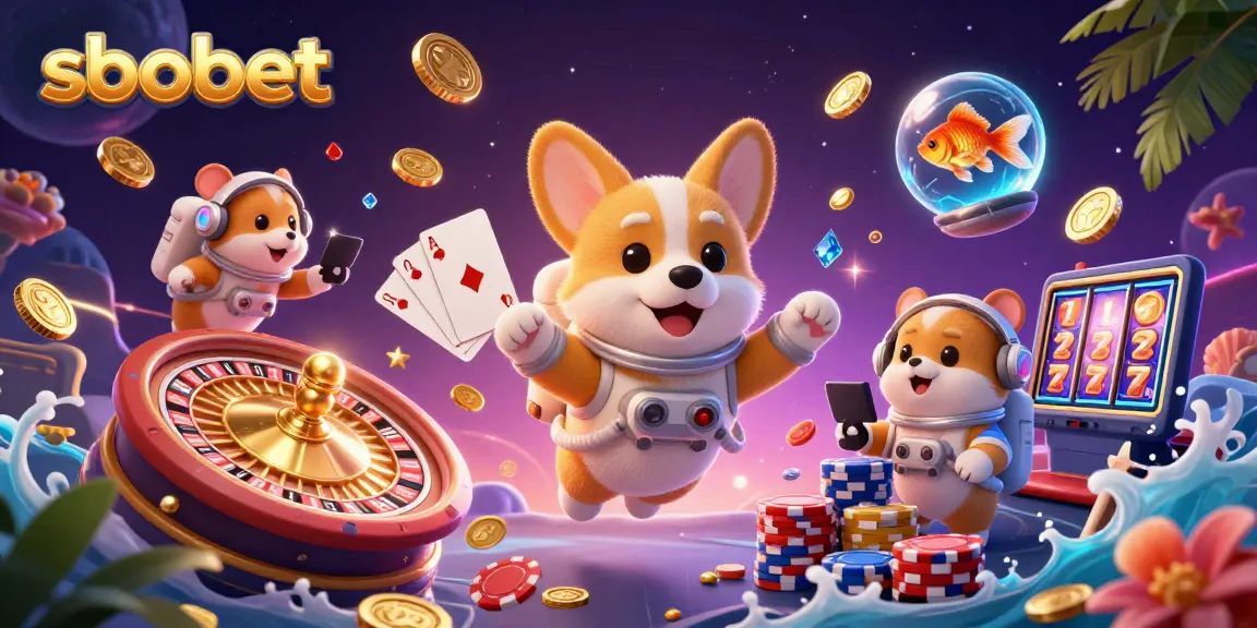 Experience sbobet gaming excitement with a cartoon astronaut corgi in a vibrant casino atmosphere.